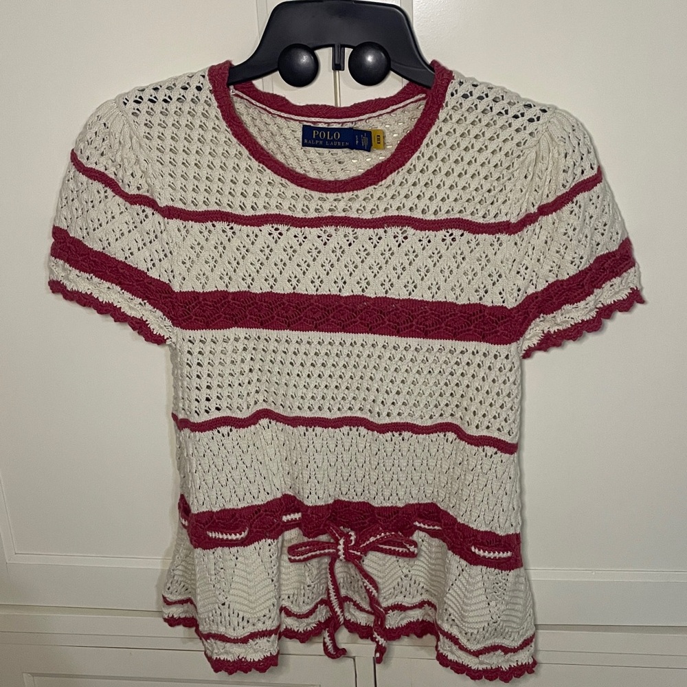 Polo Ralph Lauren Crochet Striped Pointelle Short Sleeve Sweater Size SP